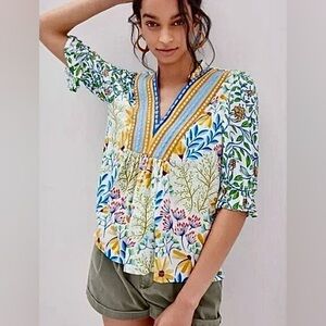 Bl^nk Anthropologie Stephanie Short Sleeve Floral Blouse Women’s Top Size XSmall